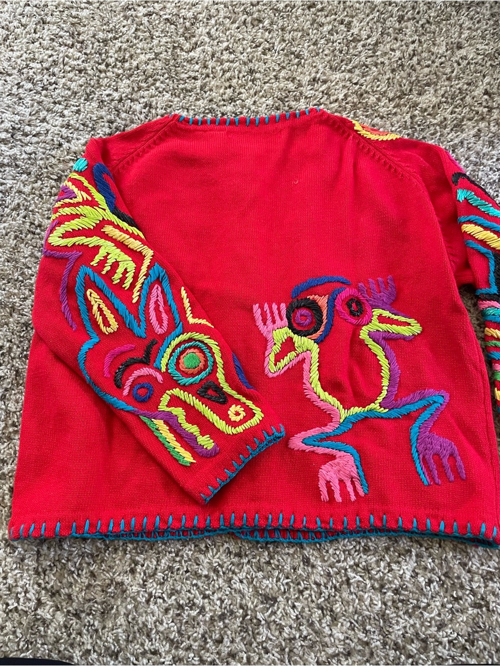 Vintage Michael Simon Red Cardigan with Turquoise Trim and Multicolor Embroidery - Picture 7 of 9